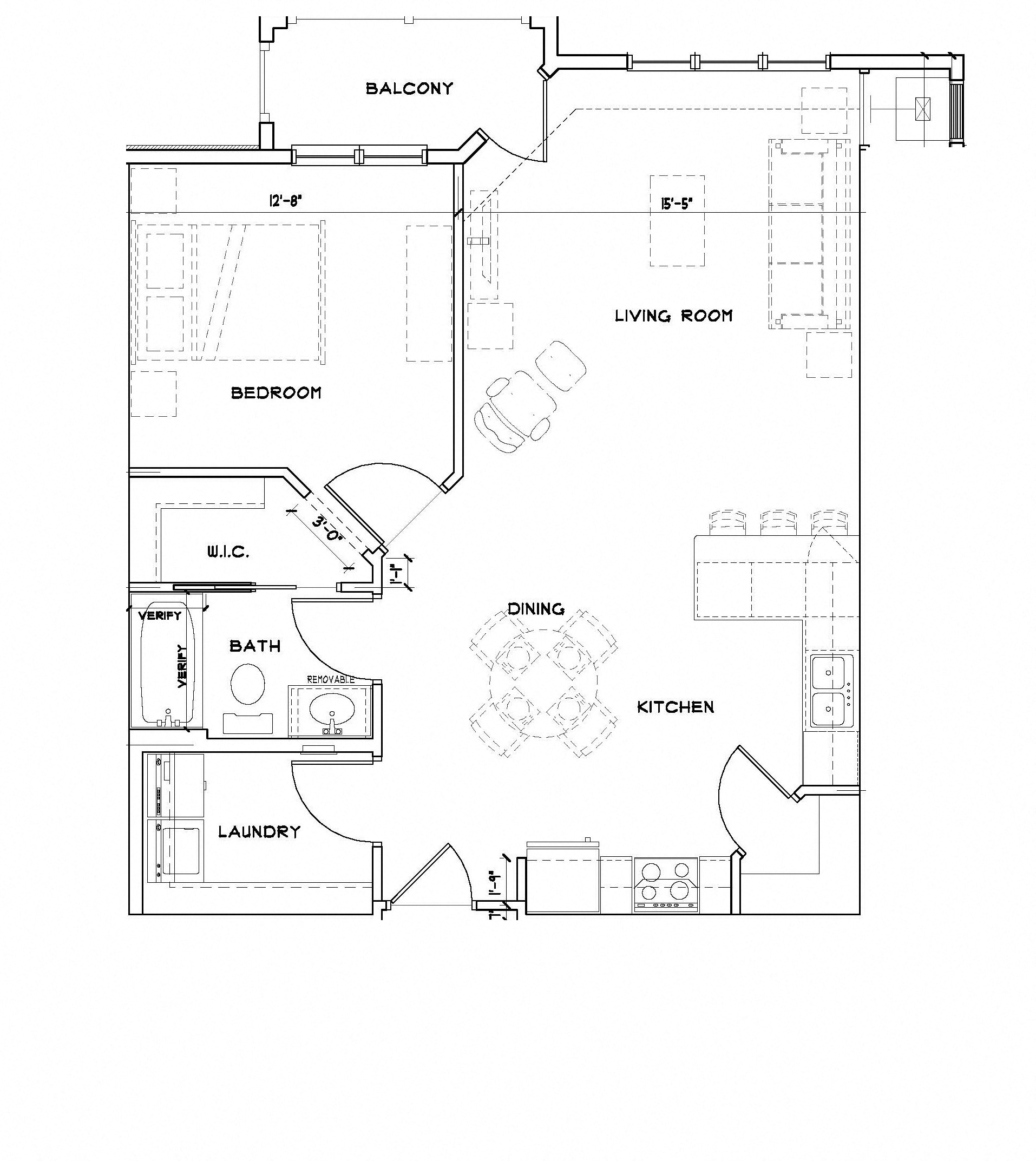 Floor plan for 1 bed, 1 bath, 857 sqft
